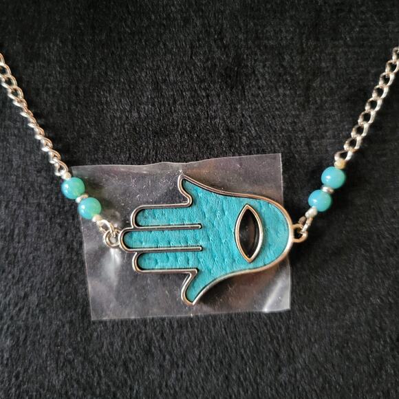 Evil Eye Hand Jewelry Set – Necklace & Bracelet with Blue Beads – New in Pouch - Picture 2 of 10